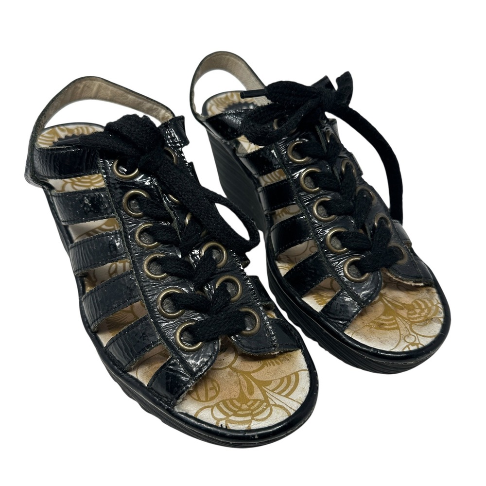 Fly London P500450015 Wedge Sandals‎ Womens 39 Black Patent Lace Up Gladiator